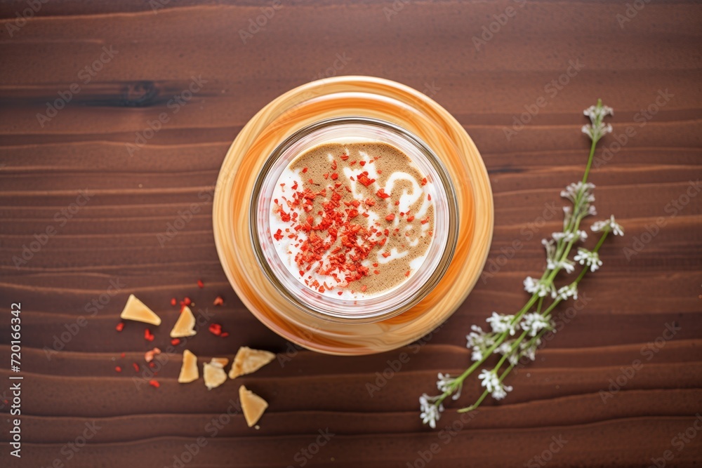 artful latte foam design on peppermint mocha shot from above artful latte foam design on peppermint mocha shot from above
