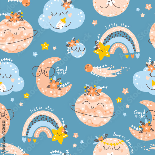 Nursery seamless pattern with rainbows, planets, clouds. Vector background with cute baby shower elements in simple hand-drawn Scandinavian cartoon doodle style. Limited pastel palette for printing.