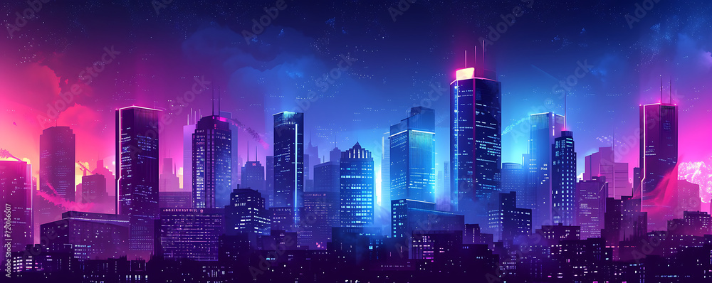 Midnight cityscape gradient in deep navy, violet, and electric blue, accompanied by a grainy texture for a futuristic urban event poster.