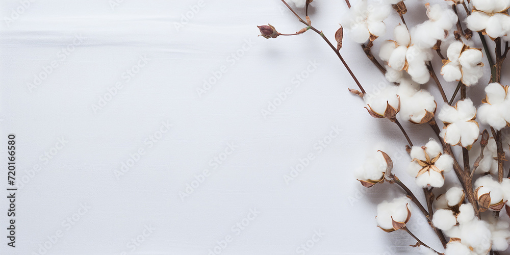 flat lay dry branches with cotton flowers on a white background, with space for text