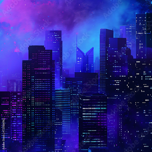 Midnight cityscape gradient in deep navy  violet  and electric blue  accompanied by a grainy texture for a futuristic urban event poster.