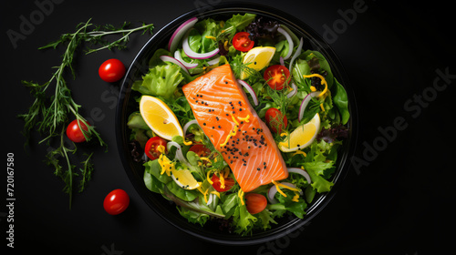 Green salad with salmon fillet.