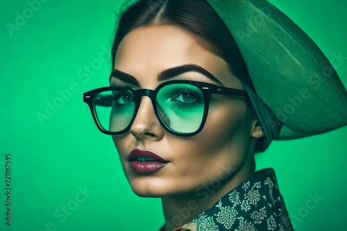 portrait of a woman wearing sunglasses  women wearing glasses on green backdrop  close up shot  mathematics or English teacher