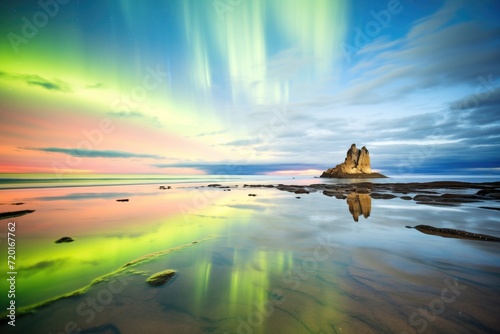 bright aurora over the ocean reflecting on mirror-like water