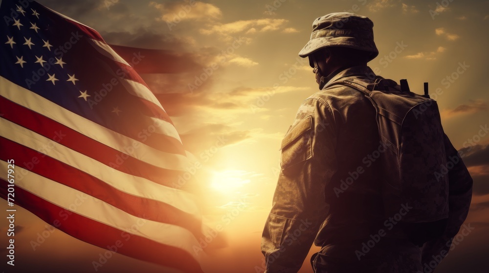 Military personnel and the American flag against a sunrise backdrop. Signifying national observances like Flag Day, Veterans Day, Memorial Day, Independence Day, and Patriot Day.