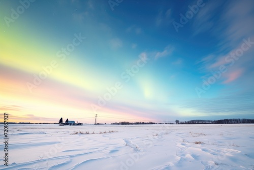 intense aurora arcing over a desolate snowy field