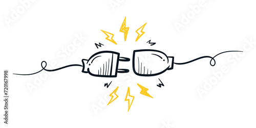 Plug inserting into electric outlet. Power socket disconnect line hand drawn. 404 error connection concept. Vector sketch illustration