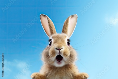 cute suprised easter bunny on blue sky background