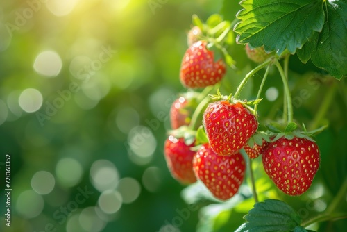 Close up strawberry bush garden background  Farm fresh strawberries
