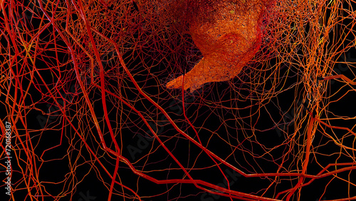 Human arterial and venous circulatory system, Medically accurate animation of Vains and arteries growth, blood vessels, Red capillaries network, 3d render