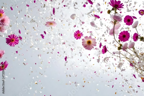 pink background, bunches of flowers flying and entering the scene from right 