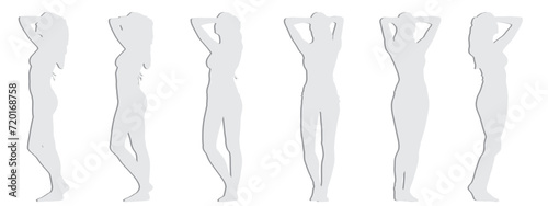Vector conceptual gray paper cut silhouette of a woman in a bathing suit from different  perspectives isolated on white background.  A metaphor for beauty, seduction, fitness, health and lifestyle