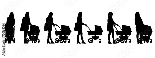 Vector concept conceptual black silhouette of a woman pushing a baby stroller  from different perspectives isolated on white background. A metaphor for motherhood, family, love and lifestyle photo