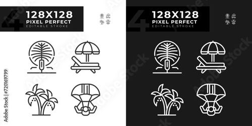 Luxury resort vacation linear icons set for dark, light mode. Artificial island. Variety of outdoor activities. Thin line symbols for night, day theme. Isolated illustrations. Editable stroke