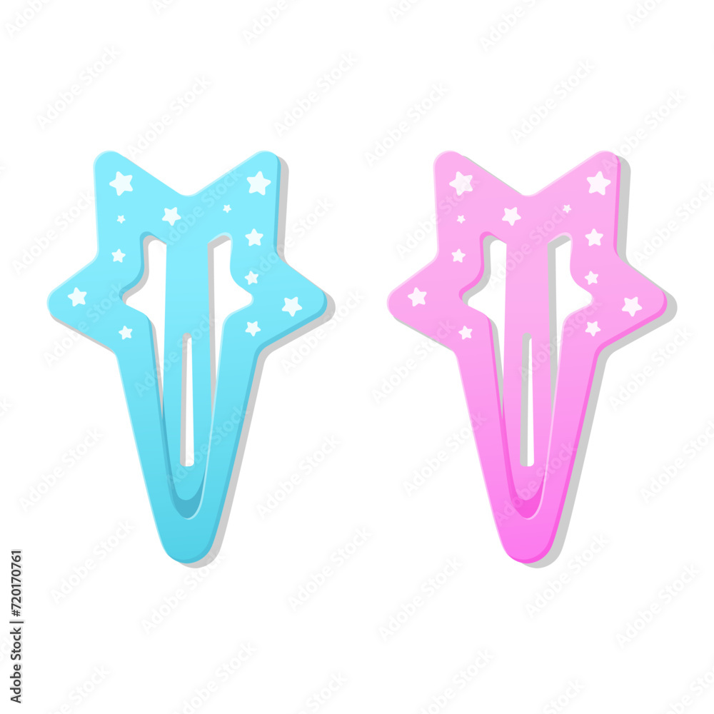 Cute pink and blue hair clips for girls with stars. Stair hair pins. Accessories for kids. Isolated vector illustration Cute pink and blue hair clips for girls with stars. Stair hair pins. Accessories for kids. Isolated vector illustration