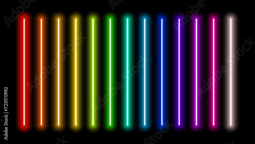 Laser and Luminous neon sticks isolated, gradient lights lines set in different rainbow colors. Red, Orange, Yellow, Green, Blue, Purple, Violet and White. Led neon lamp tube, glowing vector.