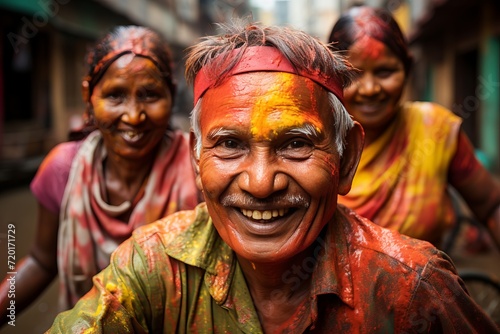 A joyful group of adults covered in colorful powder at a holi festival in india.