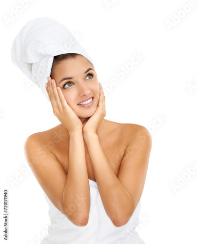 Towel, happy woman and thinking of skincare, bathroom wash or skin cleaning treatment. Self care, mockup space and person planning beauty, hygiene grooming or studio wellness on white background