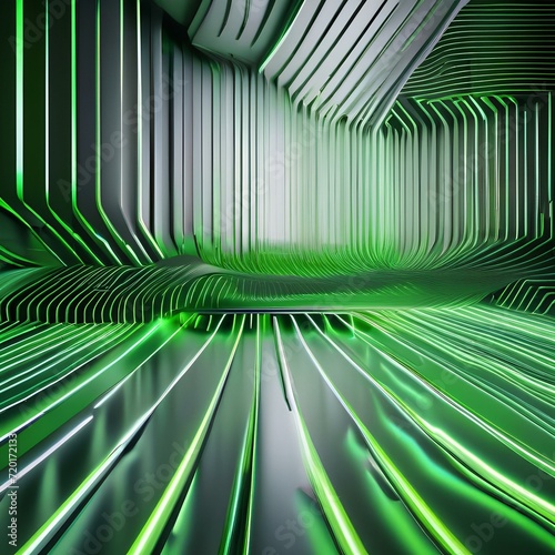 Futuristic abstract wallpaper showcasing vivid green neon lines  their energy leaving captivating glowing trails on a sleek black surface4