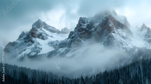 A snow-covered mountain range, with rugged peaks as the background, during a dramatic winter storm