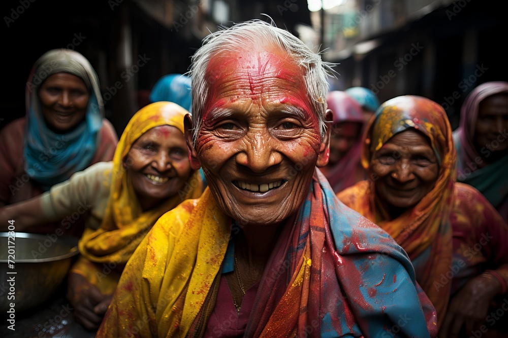 A joyful group of adults covered in colorful powder at a holi festival in india. A joyful group of adults covered in colorful powder at a holi festival in india.