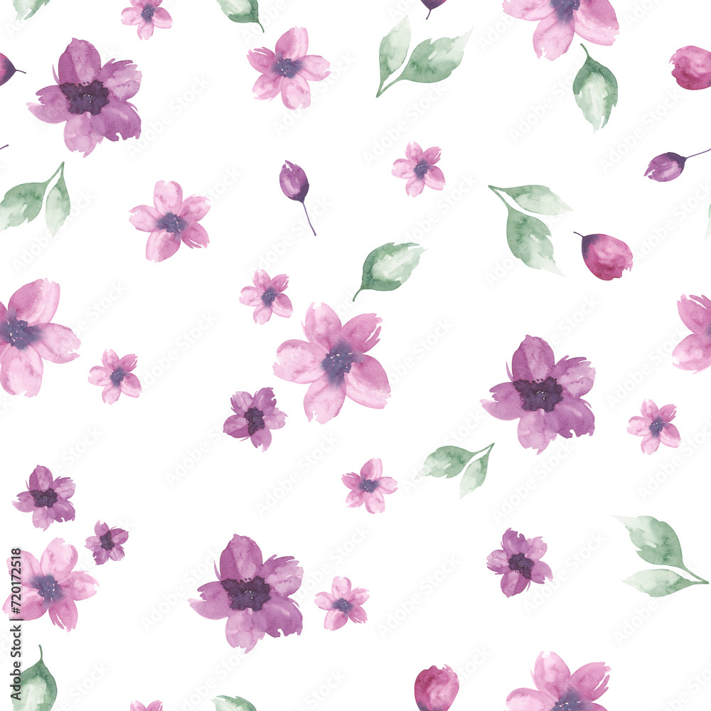Seamless pattern, lilac wildflowers, leaves on a white background, hand-drawn. Floral abstract background for fabric, wrapping paper, holiday, decoration, design. The texture of watercolor on paper.