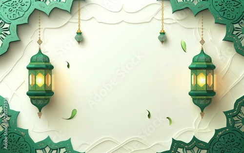 eid mubarak greeting card background, white texture paper and green mandala with ramadam lantarn  photo