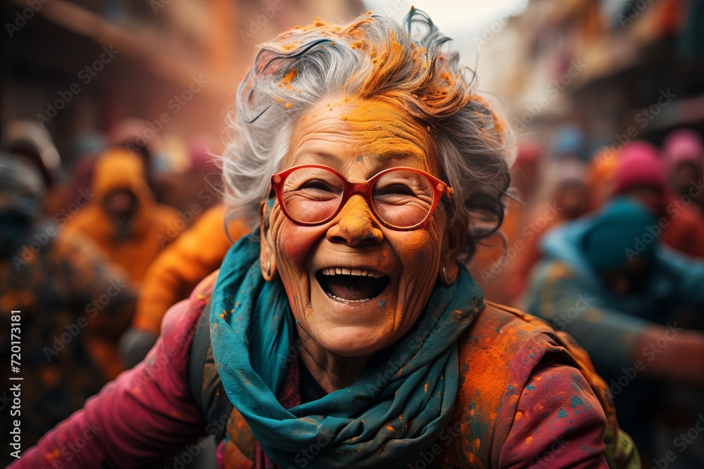 Laughing elderly woman covered in colorful powder at the Holi festival in India.