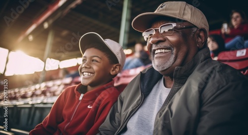 Happy African American Grandfather and Grandson Enjoying Baseball Game Together in the Stands