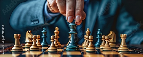Strategic gameplay on chessboard decision and intelligence. Businessman planning moves leadership and tactical thinking in chess. Symbolizing management and teamwork piece battle for victory