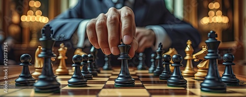 Strategic gameplay on chessboard decision and intelligence. Businessman planning moves leadership and tactical thinking in chess. Symbolizing management and teamwork piece battle for victory