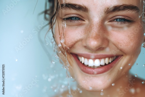 blonde blue eyes woman model with water splashes, concept of skincare hydration and beauty.