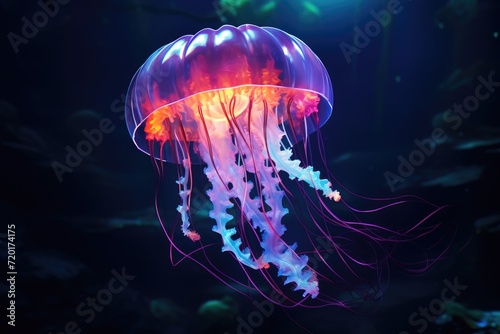 a close up of a jellyfish in a blue sea with a light shining on the top of it's head