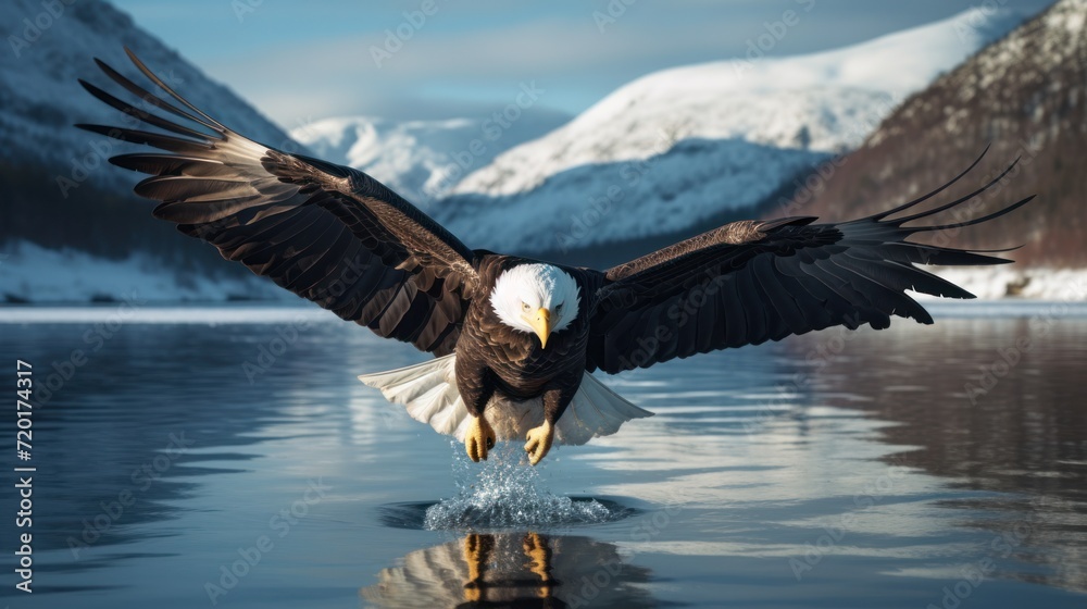 Fototapeta premium Majestic Alaska Bald Eagle Catching Fish