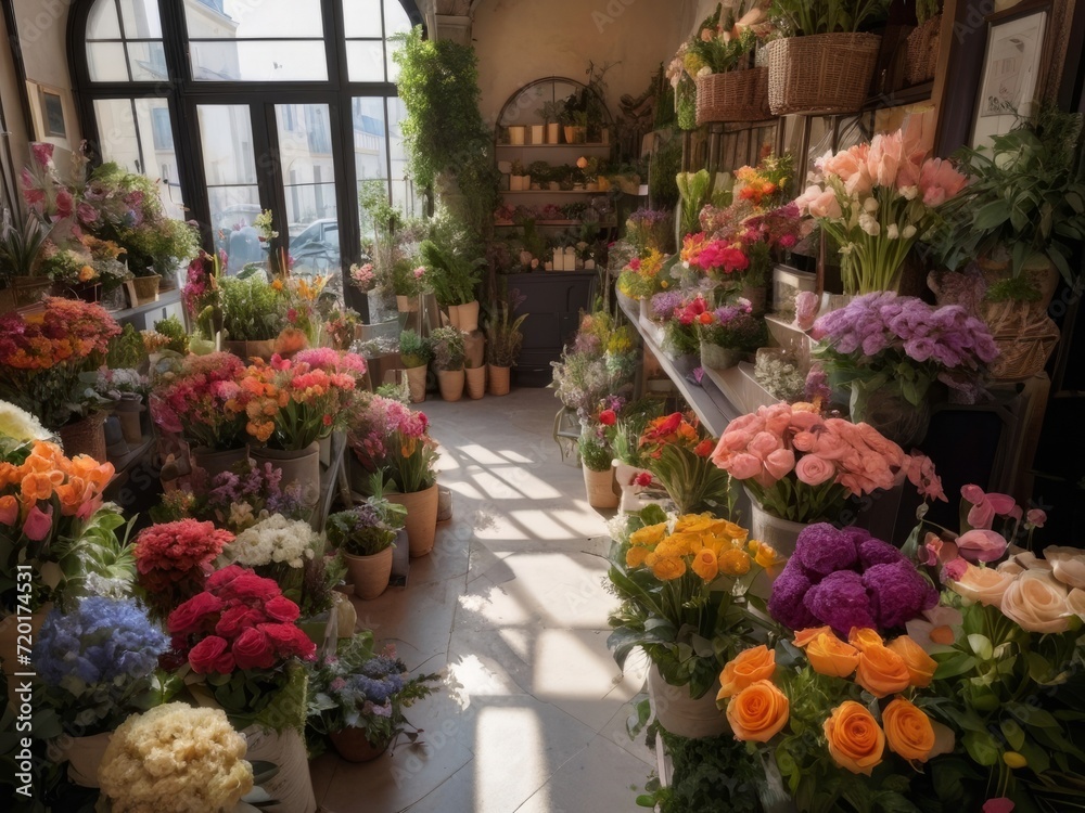  A high angle shot of a display of various flowers and plants inside the Parisian florist