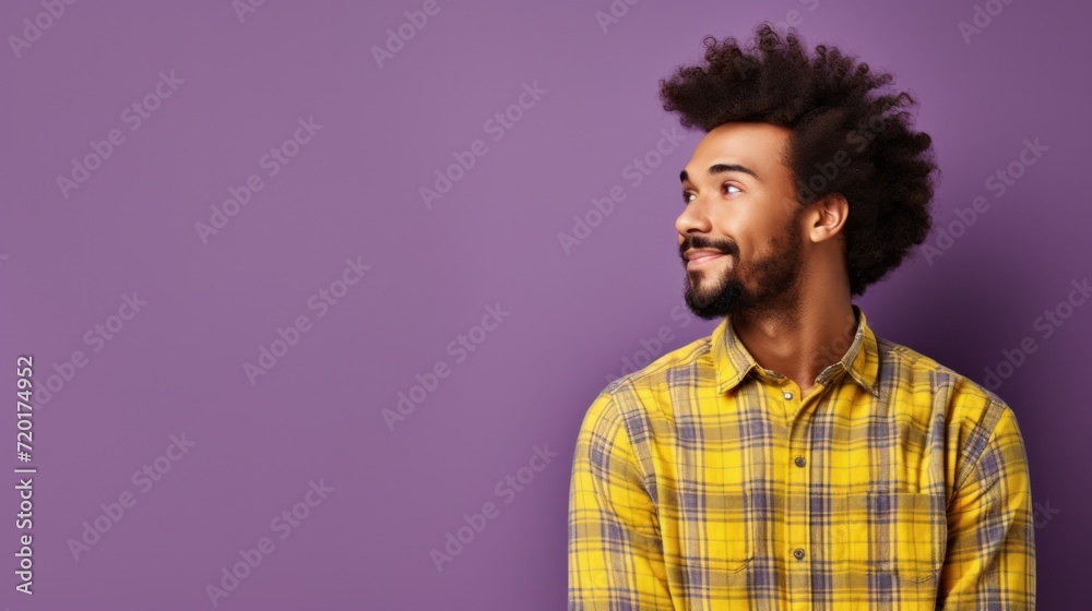Fototapeta premium Positive Afro-American Man in Cool Chequered Shirt Stands in Barber Shop Against Violet Background