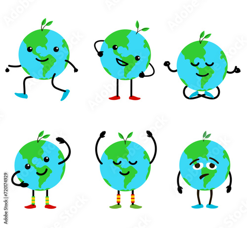 Planet Earth character set. Cartoon happy and unhappy planets. Cute planet Earth characters bundle set. Isolated on white background. Vector planet Earth mascot character