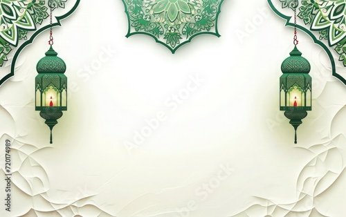 eid mubarak greeting card background, white texture paper and green mandala with ramadam lantarn  photo