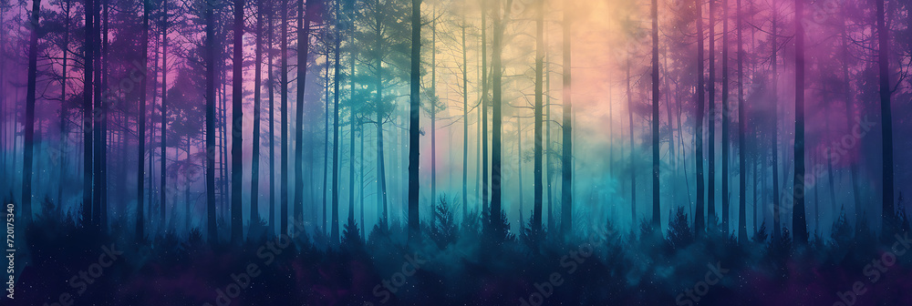 Mystical forest at dusk gradient with deep purples, blues, and greens, featuring a grainy texture for an enchanted woodland-themed event - obrazy, fototapety, plakaty 