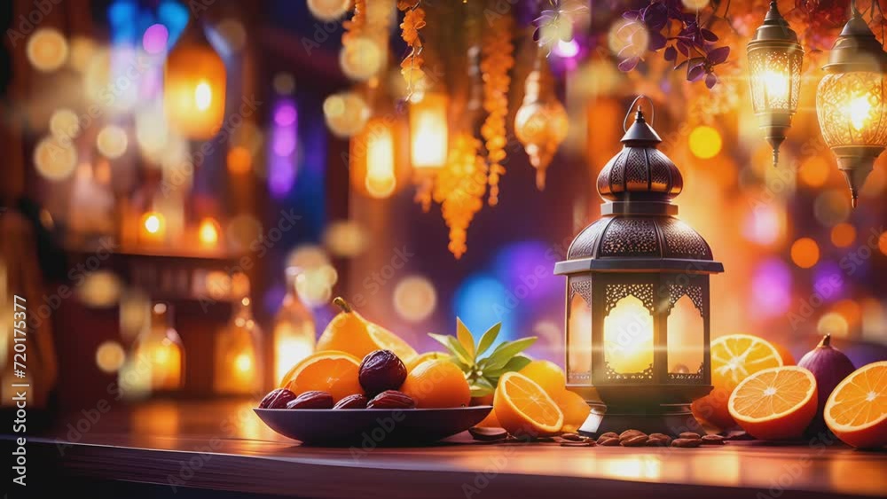 stunning composition featuring Arabic lantern lamps, ripe dates, fresh oranges, and savory Arabic dishes, set against a backdrop of bokeh lights and blurred lamp glows. Ramadan and Eid day.