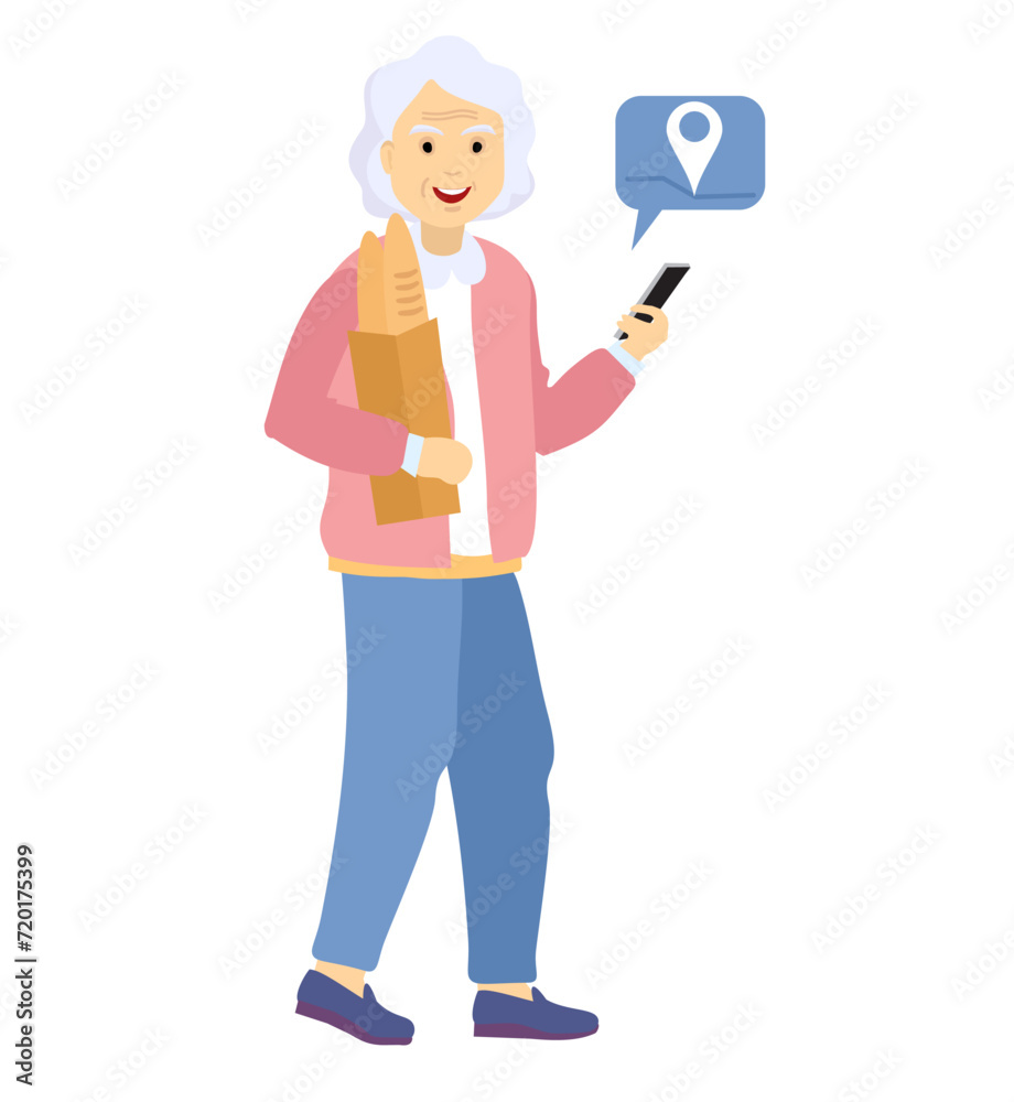 Elderly woman using smartphones. Happy old woman smartphone, modern pensioner mobile phone internet technology. Grandmother uses smartphone to find a location. Vector illustration