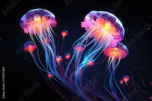 a close up of a jellyfish in a blue sea with a light shining on the top of it's head © LivroomStudio