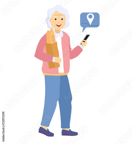 Elderly woman using smartphones. Happy old woman smartphone, modern pensioner mobile phone internet technology. Grandmother uses smartphone to find a location. Vector illustration