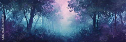 Stampa su tela Mystical forest at dusk gradient with deep purples, blues, and greens, featuring