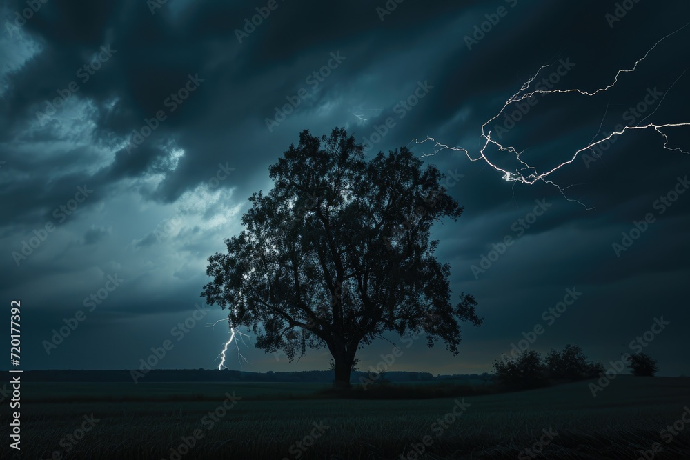 Obraz premium tree view with dark sky and lightning strikes