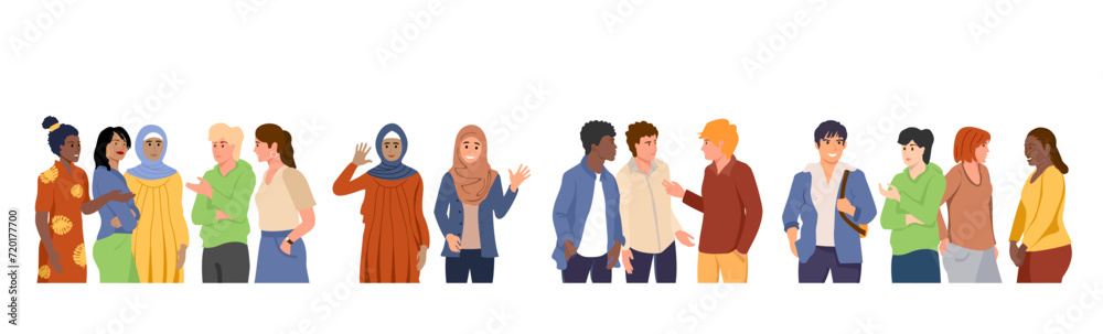 Multiethnic groups of people. Friendly diverse men, women of different race. International communication concept. Multicultural community portrait and citizens. Friendly men, women cartoon characters Multiethnic groups of people. Friendly diverse men, women of different race. International communication concept. Multicultural community portrait and citizens. Friendly men, women cartoon characters