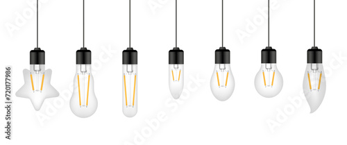 Big set of led light bulbs. Vector realistic illustration. Set of light bulbs isolated on white background.