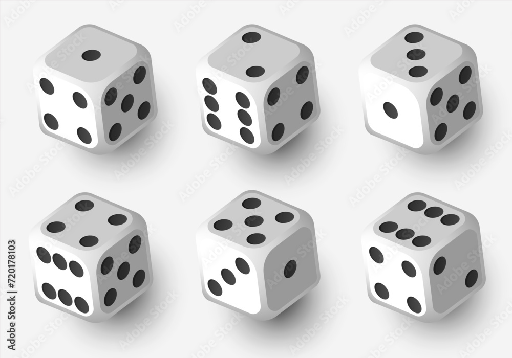 White dice with black dots. Vector set isolated on white background. 3d dice. White dice with black dots. Vector set isolated on white background. 3d dice.