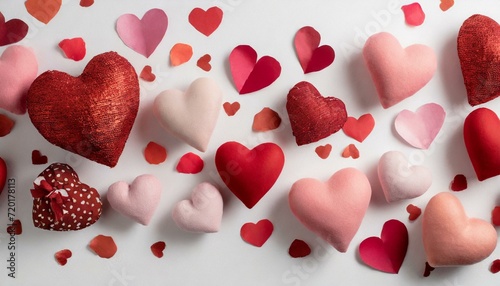 Valentine's day background with red and pink hearts on white background, flat lay photo