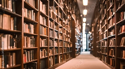 Old library interior with shelves full of countless vintage books. AI generated video. Knowledge archives. bookstore and antique shop. No people. Wooden library surrounded by towering shelves filled